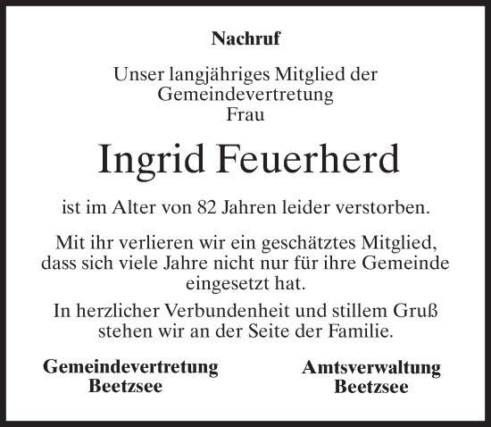 Traueranzeige von Ingrid Feuerherd von Märkischen Allgemeine Zeitung
