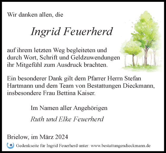 Traueranzeige von Ingrid Feuerherd von Märkischen Allgemeine Zeitung