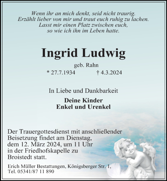 Traueranzeige von Ingrid Ludwig von Peiner Allgemeine Zeitung