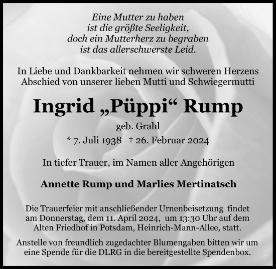 Traueranzeige von Ingrid  Rump von Märkischen Allgemeine Zeitung