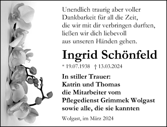 Traueranzeige von Ingrid Schönfeld von Ostsee-Zeitung GmbH
