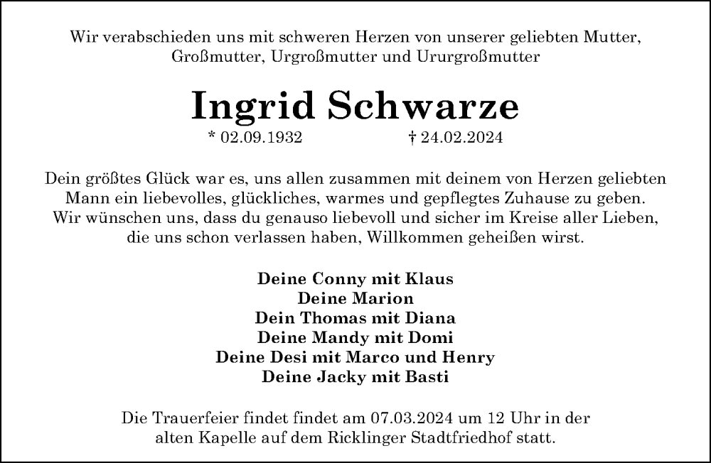  Traueranzeige für Ingrid Schwarze vom 02.03.2024 aus Hannoversche Allgemeine Zeitung/Neue Presse
