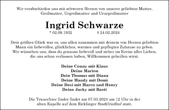 Traueranzeige von Ingrid Schwarze von Hannoversche Allgemeine Zeitung/Neue Presse
