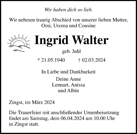 Traueranzeige von Ingrid Walter von Ostsee-Zeitung GmbH