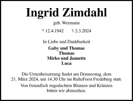 Traueranzeige von Ingrid Zimdahl von Lübecker Nachrichten