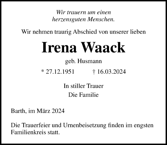 Traueranzeige von Irena Waack von Ostsee-Zeitung GmbH