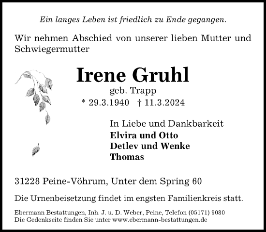 Traueranzeige von Irene Gruhl von Peiner Allgemeine Zeitung