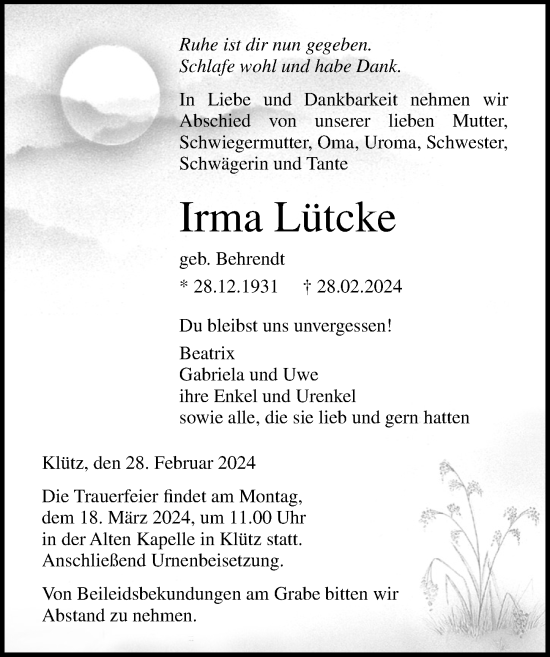 Traueranzeige von Irma Lütcke von Ostsee-Zeitung GmbH