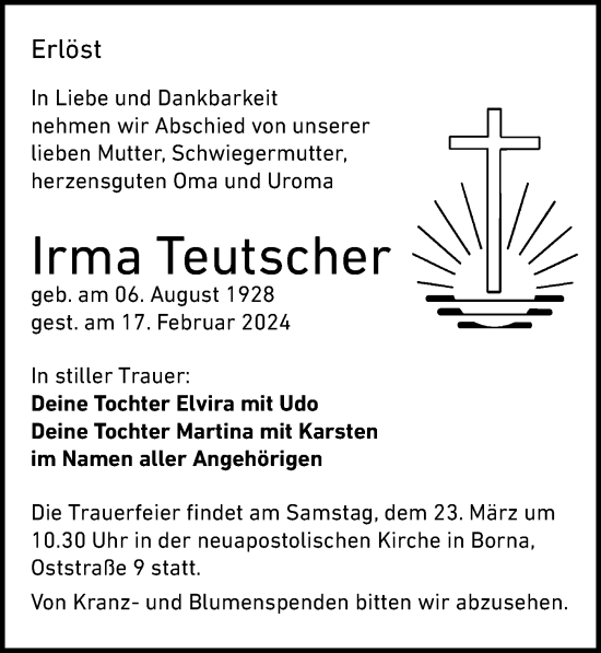 Traueranzeige von Irma Teutscher von Leipziger Volkszeitung