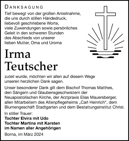 Traueranzeige von Irma Teutscher von Leipziger Volkszeitung