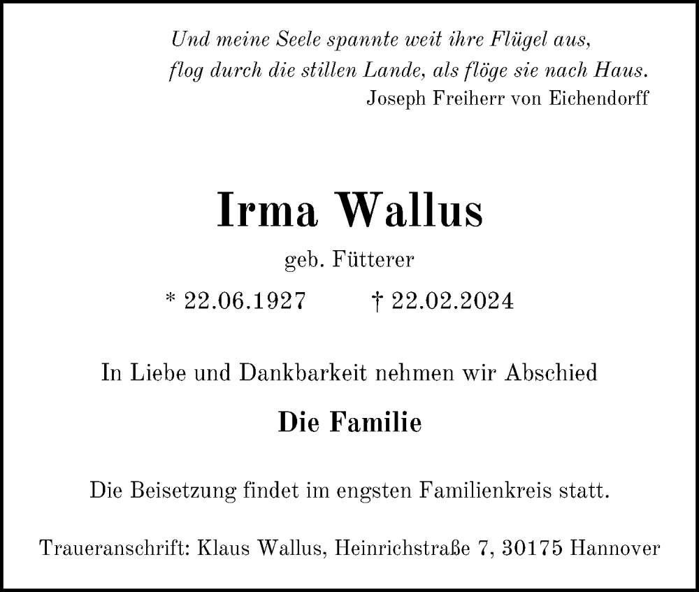  Traueranzeige für Irma Wallus vom 02.03.2024 aus Hannoversche Allgemeine Zeitung/Neue Presse