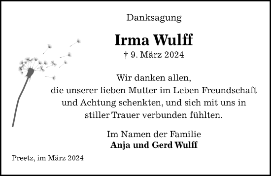 Traueranzeige von Irma Wulff von Kieler Nachrichten