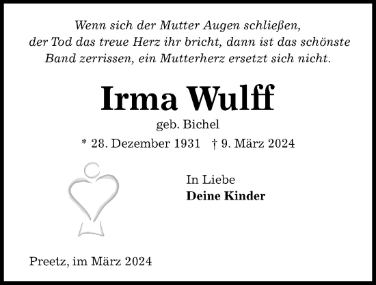 Traueranzeige von Irma Wulff von Kieler Nachrichten