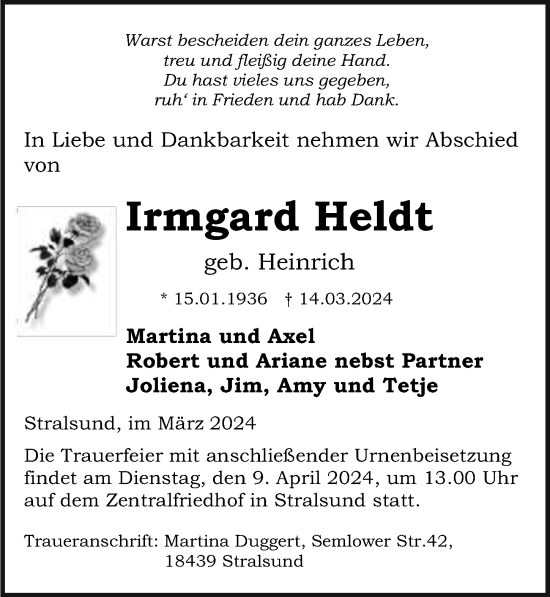 Traueranzeige von Irmgard Heldt von Ostsee-Zeitung GmbH