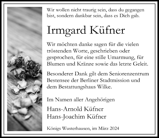 Traueranzeige von Irmgard Küfner von Märkischen Allgemeine Zeitung