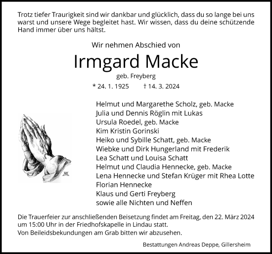 Traueranzeige von Irmgard Macke von Eichsfelder Tageblatt
