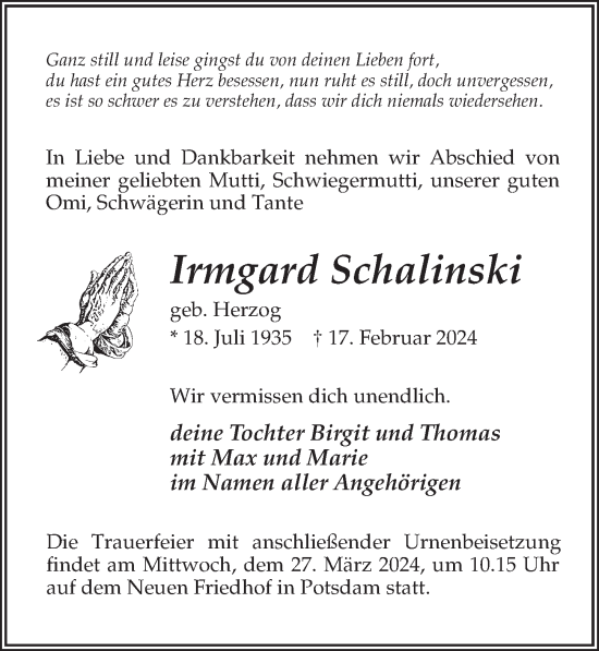 Traueranzeige von Irmgard Schalinski von Märkischen Allgemeine Zeitung