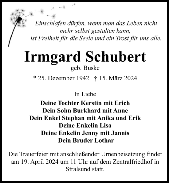 Traueranzeige von Irmgard Schubert von Ostsee-Zeitung GmbH