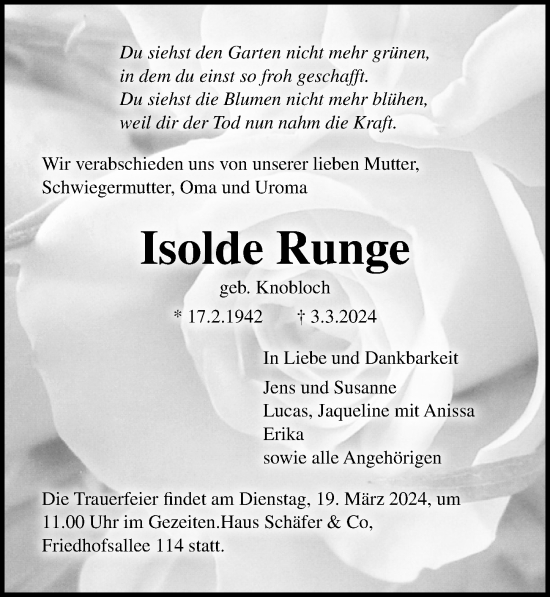 Traueranzeige von Isolde Runge von Lübecker Nachrichten