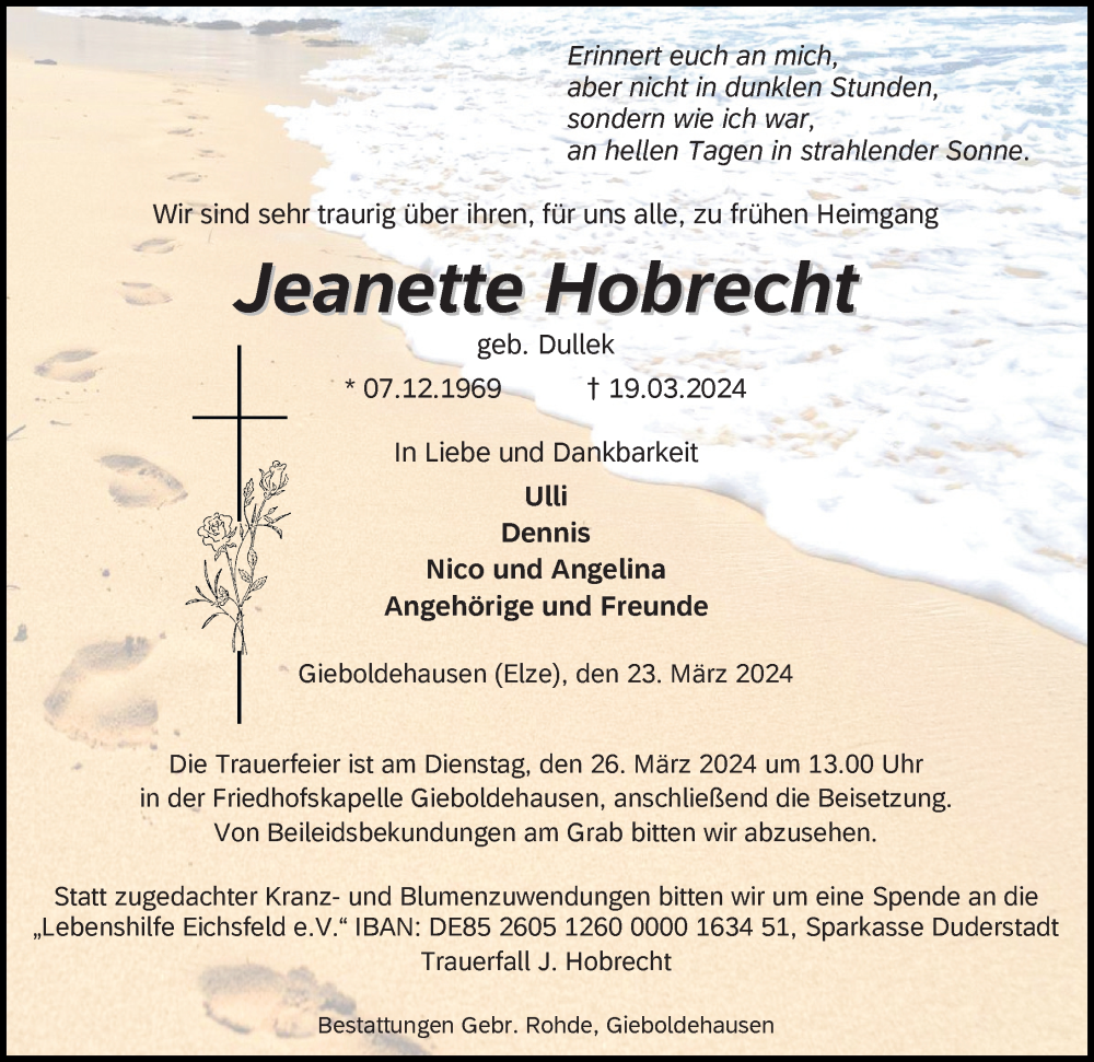  Traueranzeige für Jeanette Hobrecht vom 23.03.2024 aus Eichsfelder Tageblatt