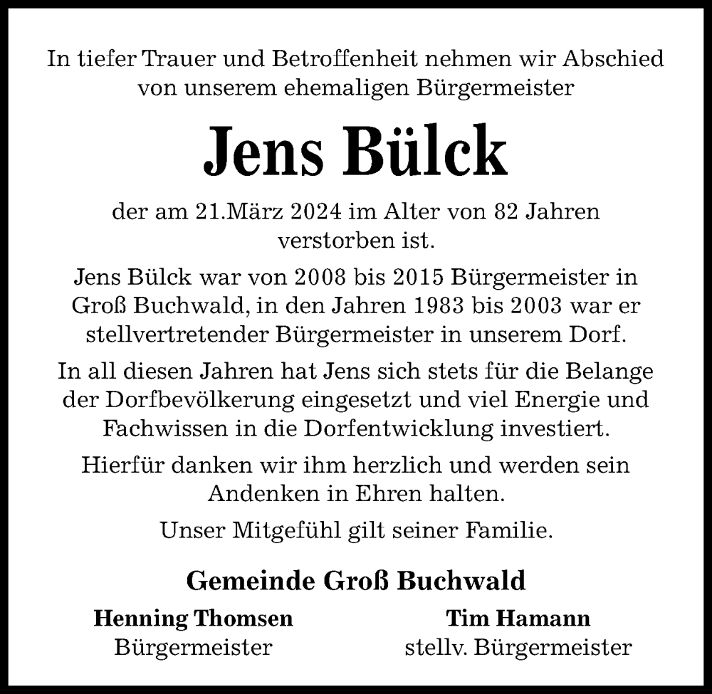 Traueranzeige für Jens Bülck vom 23.03.2024 aus Kieler Nachrichten
