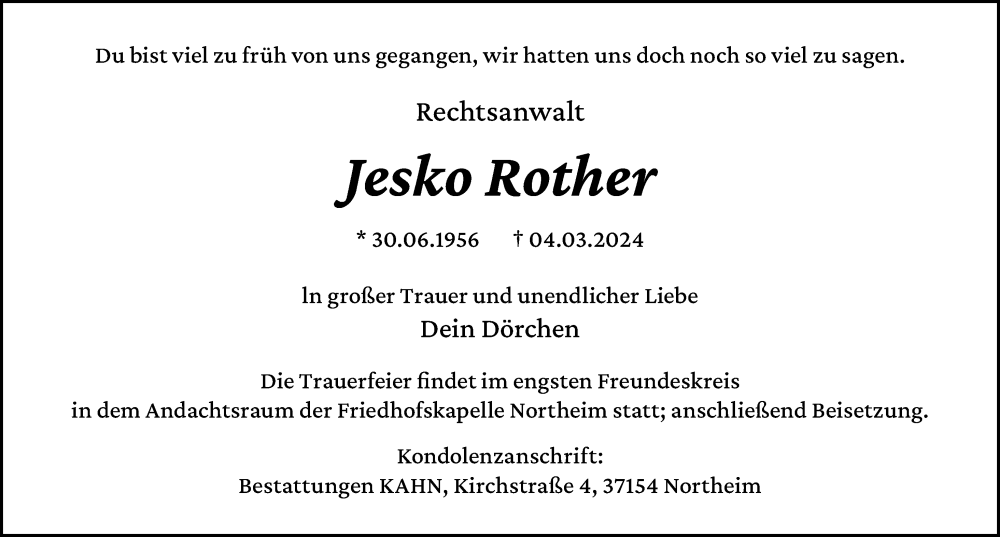  Traueranzeige für Jesko Rother vom 16.03.2024 aus Göttinger Tageblatt