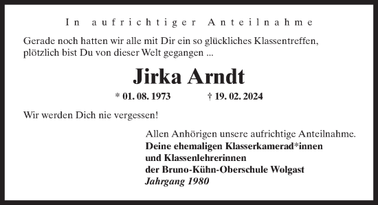 Traueranzeige von Jirka Arndt von Ostsee-Zeitung GmbH
