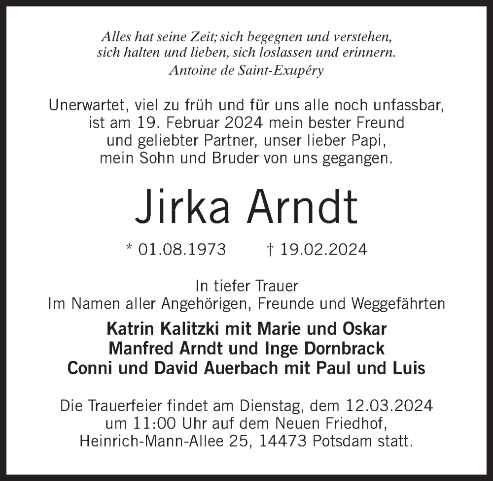  Traueranzeige für Jirka Arndt vom 02.03.2024 aus Märkischen Allgemeine Zeitung
