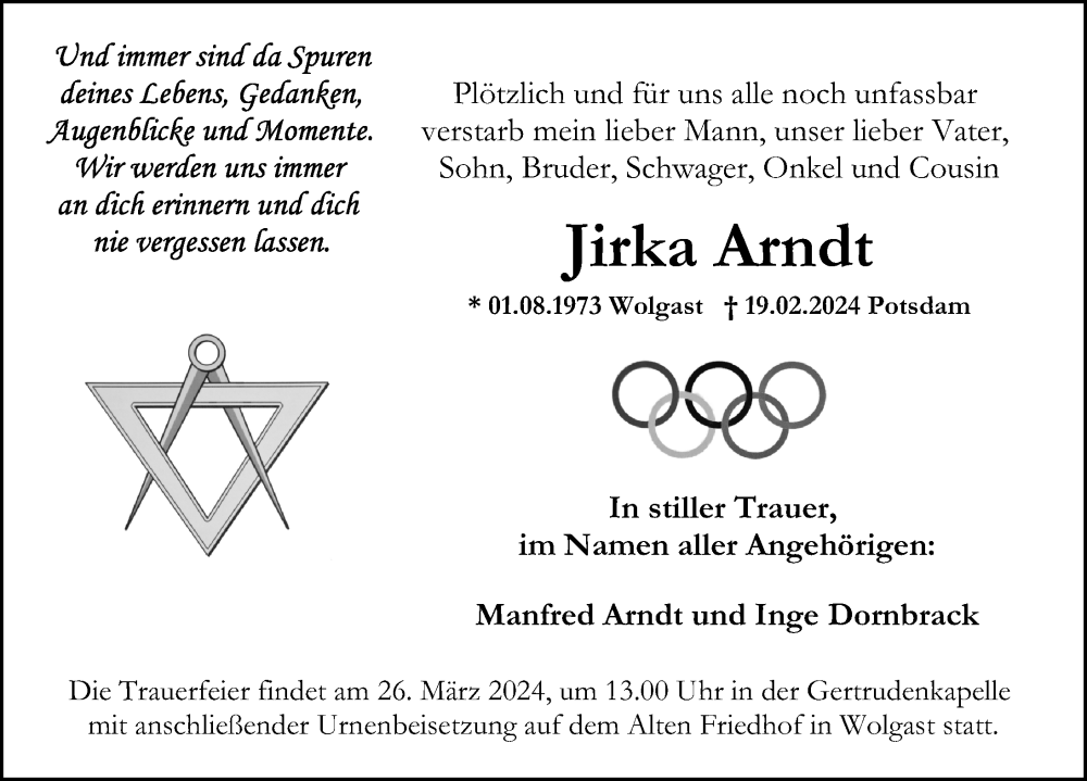  Traueranzeige für Jirka Arndt vom 02.03.2024 aus Ostsee-Zeitung GmbH