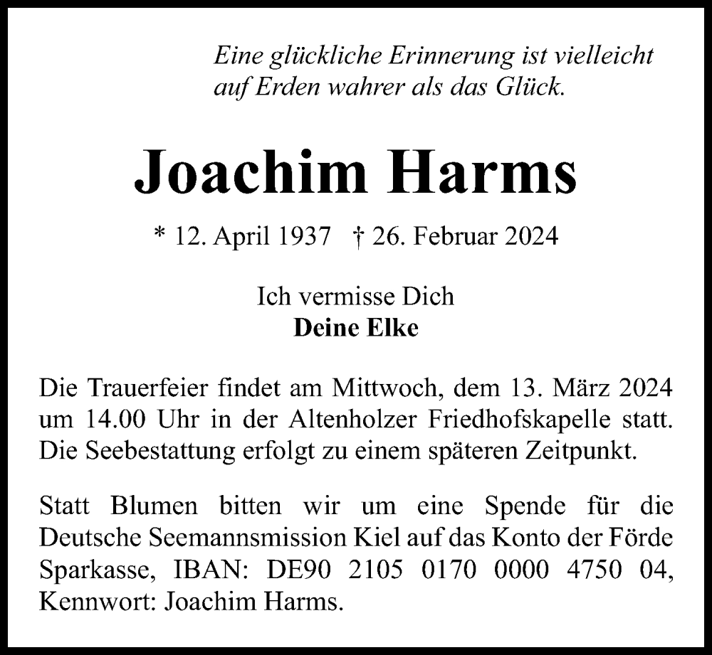  Traueranzeige für Joachim Harms vom 09.03.2024 aus Kieler Nachrichten