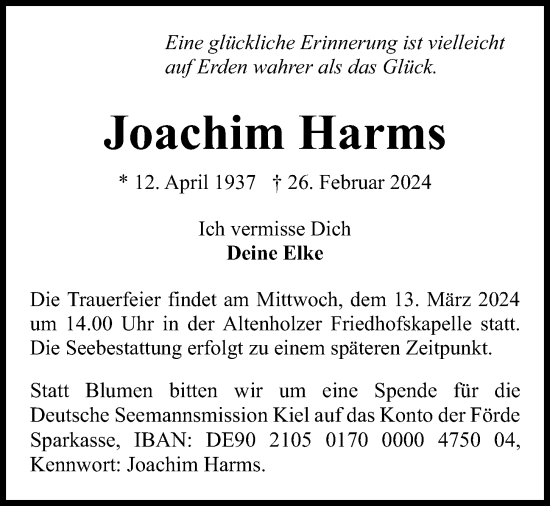 Traueranzeige von Joachim Harms von Kieler Nachrichten