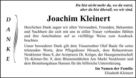 Traueranzeige von Joachim Kleinert von Ostsee-Zeitung GmbH