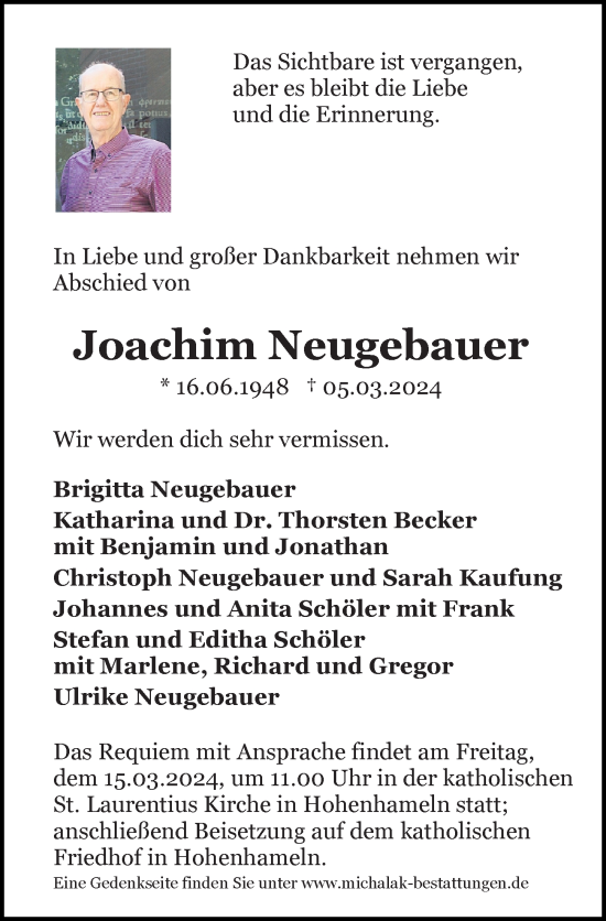 Traueranzeige von Joachim Neugebauer von Peiner Allgemeine Zeitung