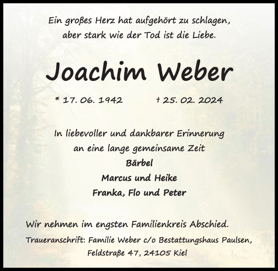 Traueranzeige von Joachim Weber von Kieler Nachrichten