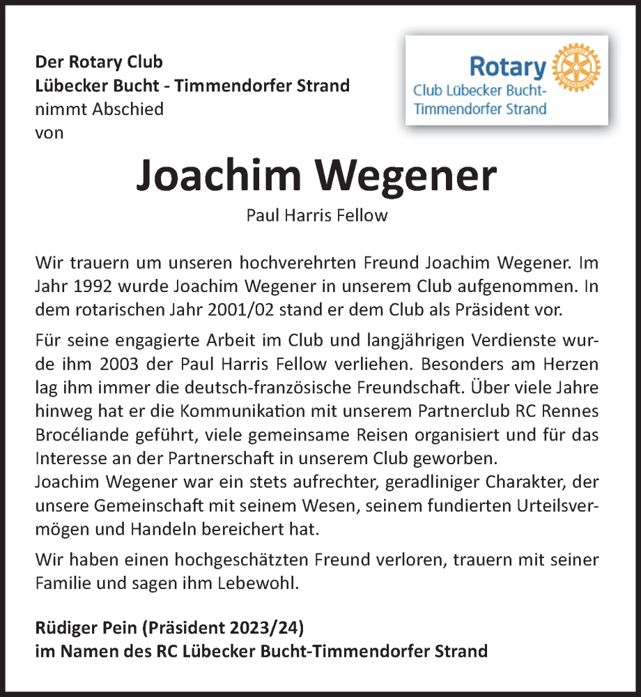  Traueranzeige für Joachim Wegener vom 24.03.2024 aus Lübecker Nachrichten