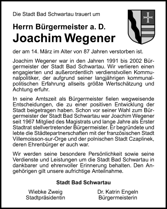 Traueranzeige von Joachim Wegener von Lübecker Nachrichten