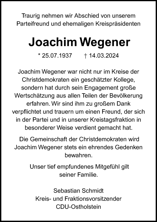 Traueranzeige von Joachim Wegener von Lübecker Nachrichten