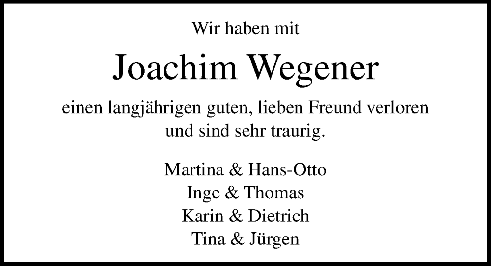  Traueranzeige für Joachim Wegener vom 24.03.2024 aus Lübecker Nachrichten
