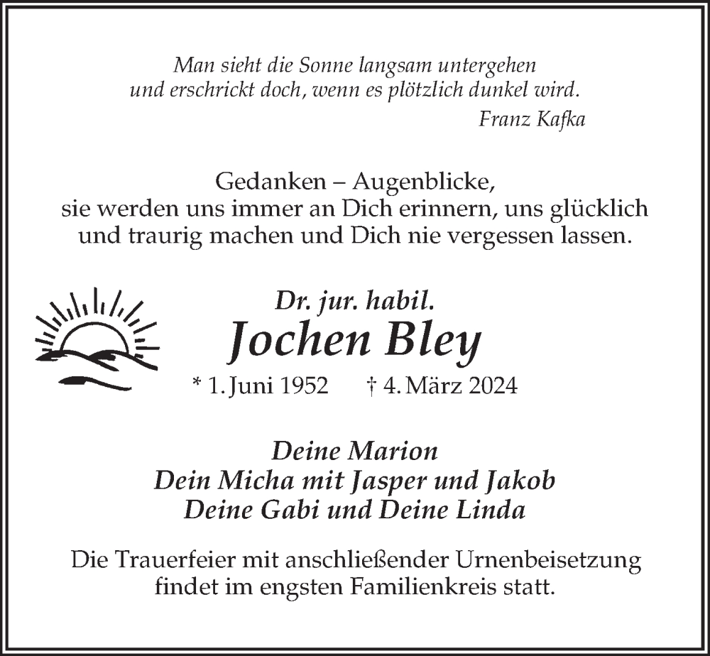  Traueranzeige für Jochen Bley vom 16.03.2024 aus Märkischen Allgemeine Zeitung