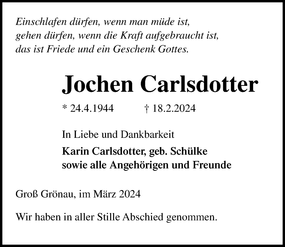  Traueranzeige für Jochen Carlsdotter vom 17.03.2024 aus Lübecker Nachrichten