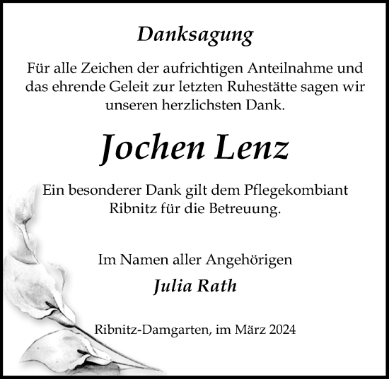 Traueranzeige von Jochen Lenz von Ostsee-Zeitung GmbH