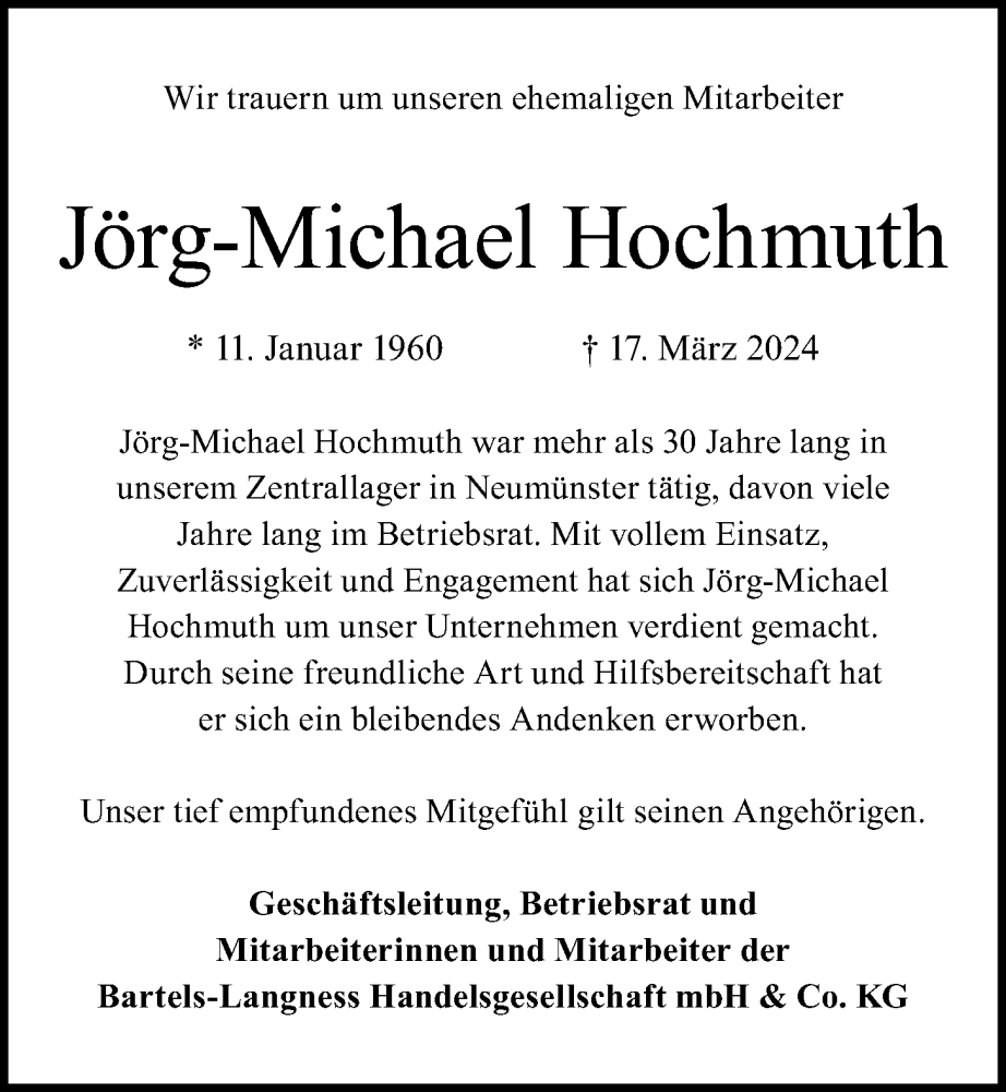  Traueranzeige für Jörg-Michael Hochmuth vom 23.03.2024 aus Kieler Nachrichten