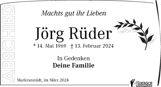 Traueranzeige von Jörg Rüder von Leipziger Volkszeitung