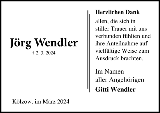 Traueranzeige von Jörg Wendler von Ostsee-Zeitung GmbH