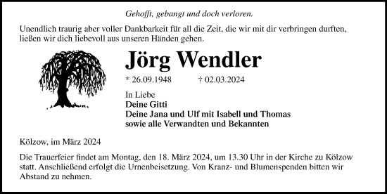 Traueranzeige von Jörg Wendler von Ostsee-Zeitung GmbH