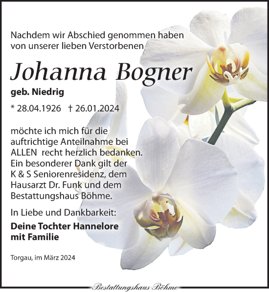 Traueranzeige von Johanna Bogner von Torgauer Zeitung