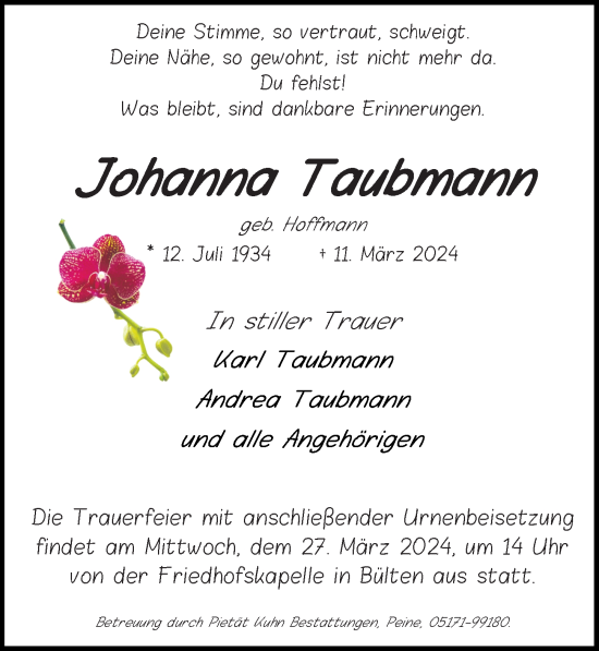 Traueranzeige von Johanna Taubmann von Peiner Allgemeine Zeitung