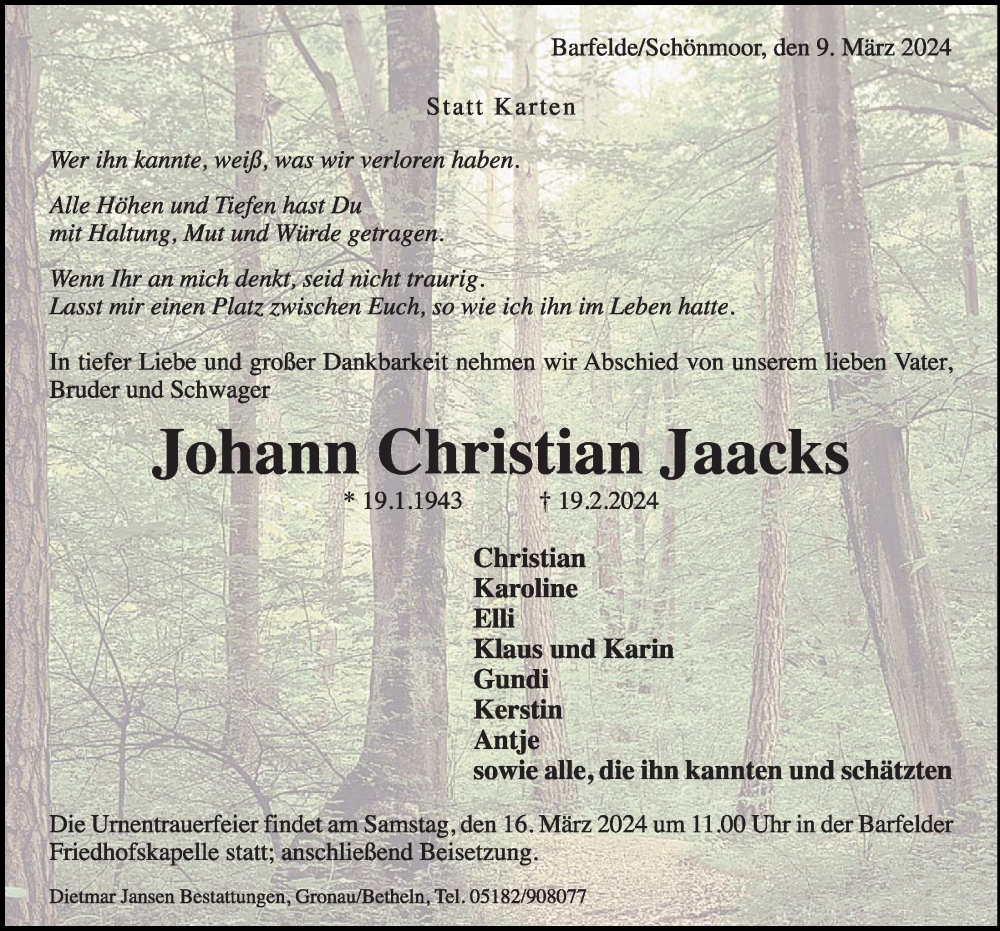 Traueranzeige für Johann Christian Jaacks vom 09.03.2024 aus Kieler Nachrichten