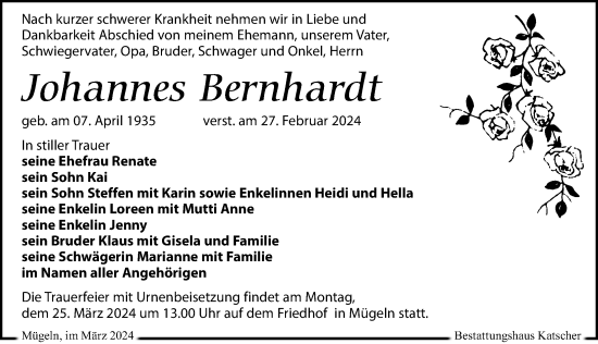 Traueranzeige von Johannes Bernhardt von Leipziger Volkszeitung