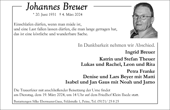 Traueranzeige von Johannes Breuer von Peiner Allgemeine Zeitung